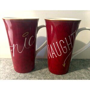 Two 222 Fifth Naughty and Nice 6.5" Red and White Coffee Mugs  #3069